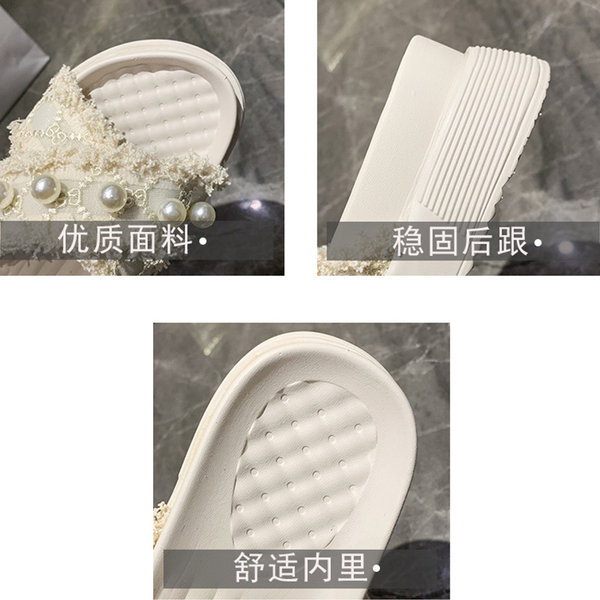 Ženske tekstilne papuče s potplatom visine 4 cm i perlama