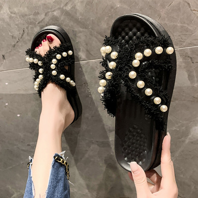 Модерни чехли с перли и равна подметка в два цвята