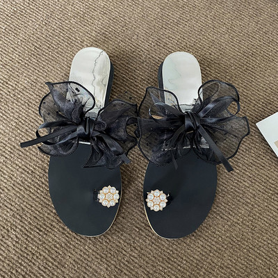 Модерни дамски чехли с панделка -бял и черен цвят