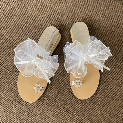 Модерни дамски чехли с панделка -бял и черен цвят