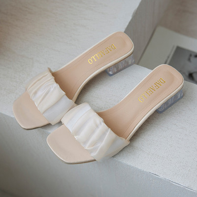 Модерни дамски чехли с кожена каишка и 3см квадратен ток