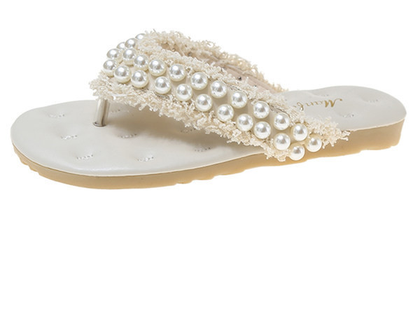 Дамски чехли между пръстите с перли и равна подметка 