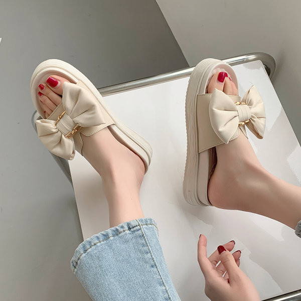 Ежедневни дамски чехли с панделка и равна подметка