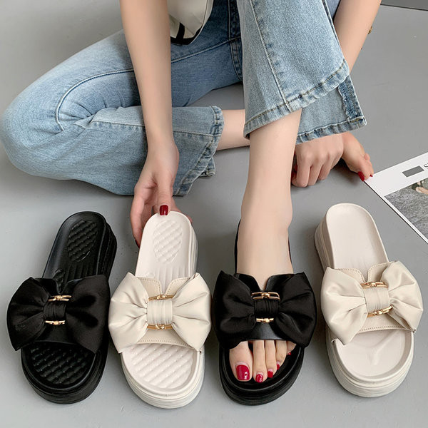 Ежедневни дамски чехли с панделка и равна подметка