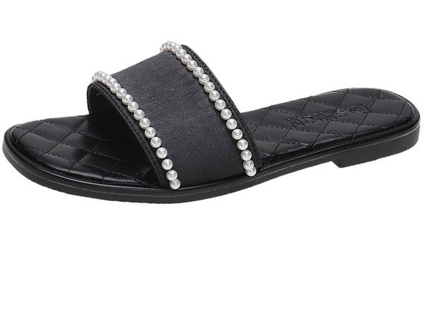 Ženske papuče s ravnim potplatom i bisernim ukrasom