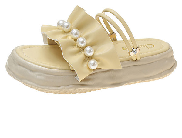 Дамски чехли от изкуствена кожа с перли и висока платформа 3см 