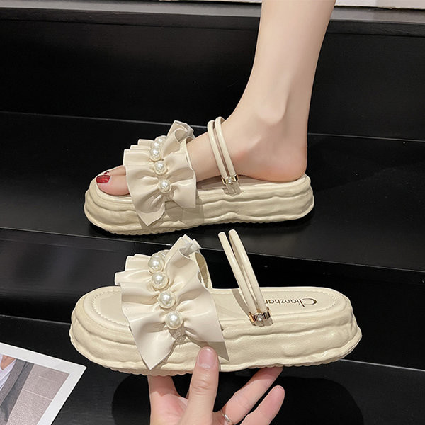 Дамски чехли от изкуствена кожа с перли и висока платформа 3см 