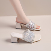 Elegantne papuče s debelom četvrtastom petom 6 cm i biserima za žene