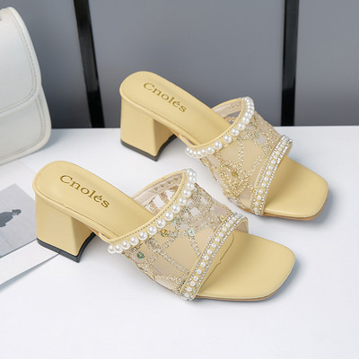 Elegantne papuče s debelom četvrtastom petom 6 cm i biserima za žene