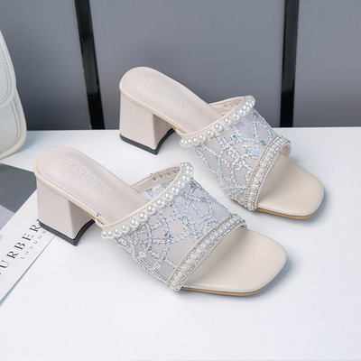 Elegantne papuče s debelom četvrtastom petom 6 cm i biserima za žene