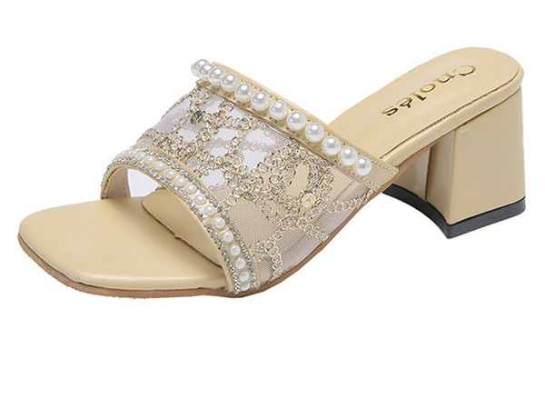 Elegantne papuče s debelom četvrtastom petom 6 cm i biserima za žene