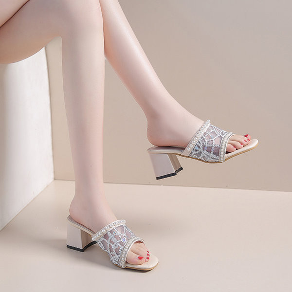 Elegantne papuče s debelom četvrtastom petom 6 cm i biserima za žene