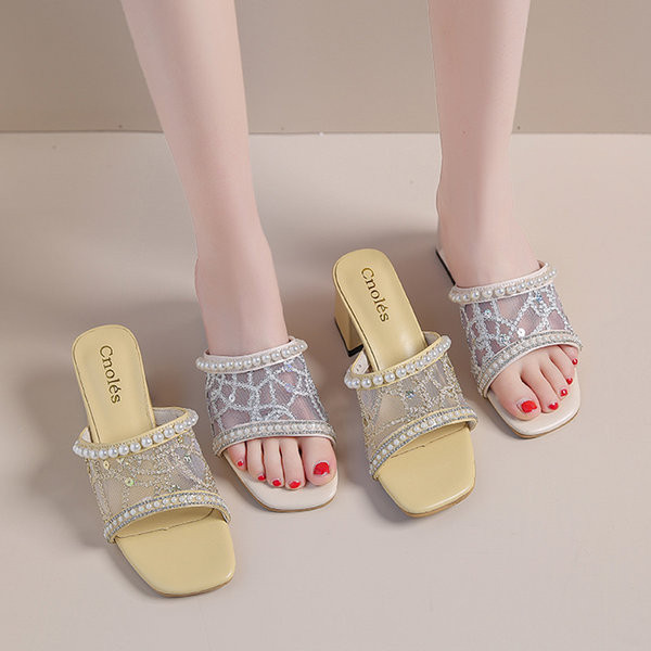 Elegantne papuče s debelom četvrtastom petom 6 cm i biserima za žene