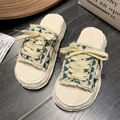 Дамски текстилни чехли с връзки и дебела подметка 3.5см