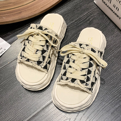 Дамски текстилни чехли с връзки и дебела подметка 3.5см