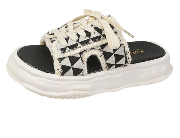 Дамски текстилни чехли с връзки и дебела подметка 3.5см 