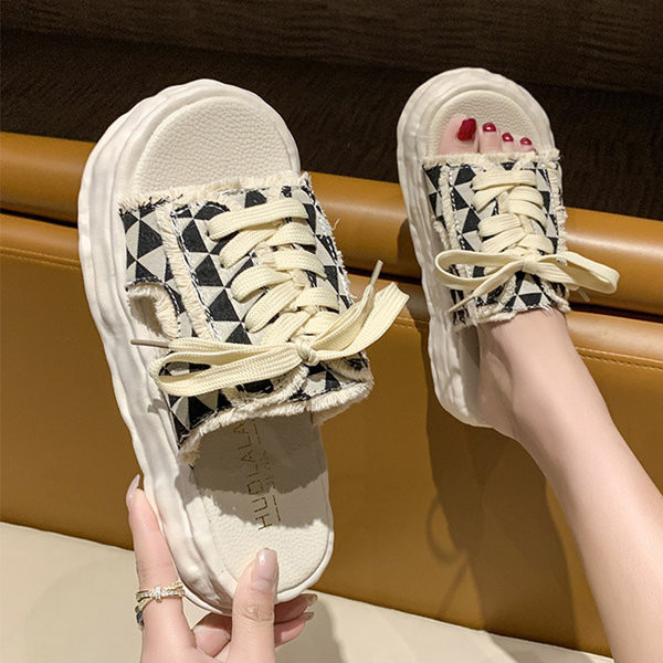 Дамски текстилни чехли с връзки и дебела подметка 3.5см 