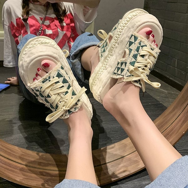 Дамски текстилни чехли с връзки и дебела подметка 3.5см 