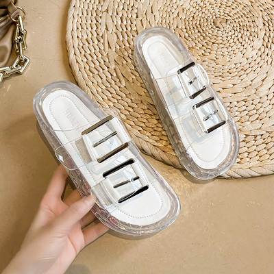 Дамски прозрачни чехли с равна подметка и метален елемент