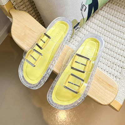 Дамски прозрачни чехли с равна подметка и метален елемент