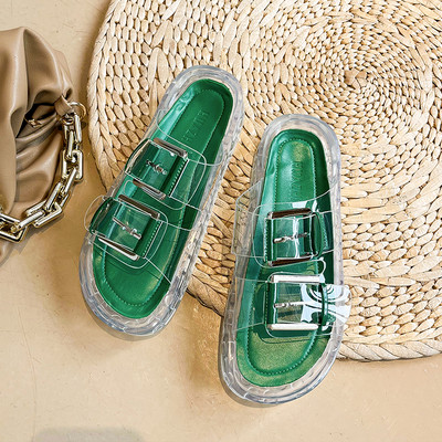 Дамски прозрачни чехли с равна подметка и метален елемент