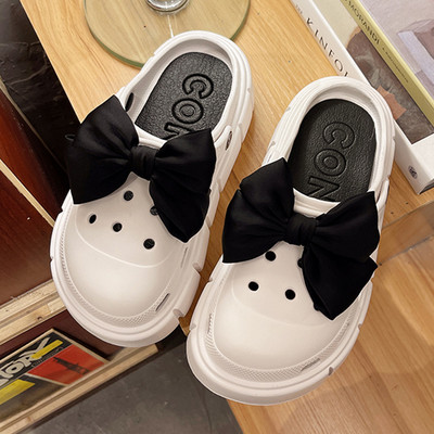 Дамски кроксове с висока подметка 6см и панделка