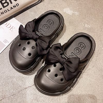 Дамски кроксове с висока подметка 6см и панделка