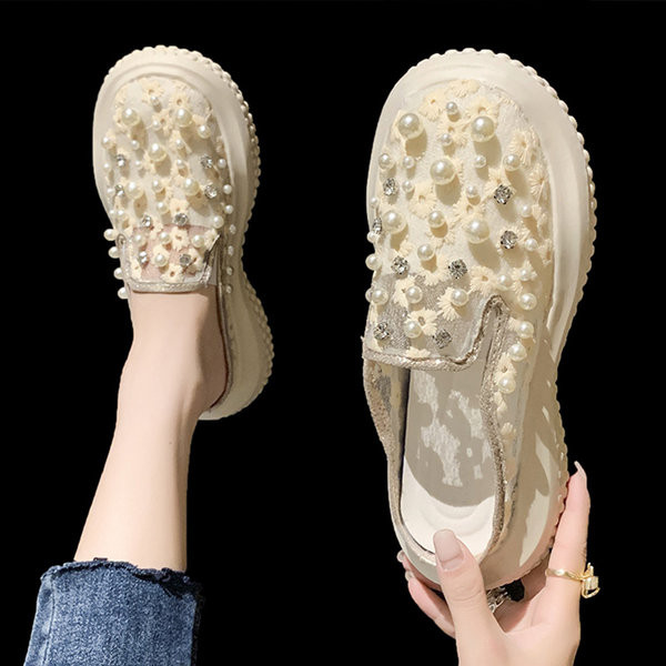 Νέο μοντέλο γυναικείες κλειστές παντόφλες με πέρλες και πέτρες