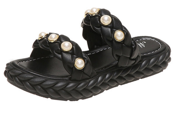 Ženske papuče s pletenim naramenicama i perlama