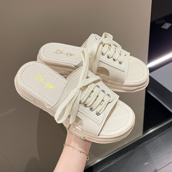 Ženske kožne papuče s vezicama i visokim potplatom 4 cm