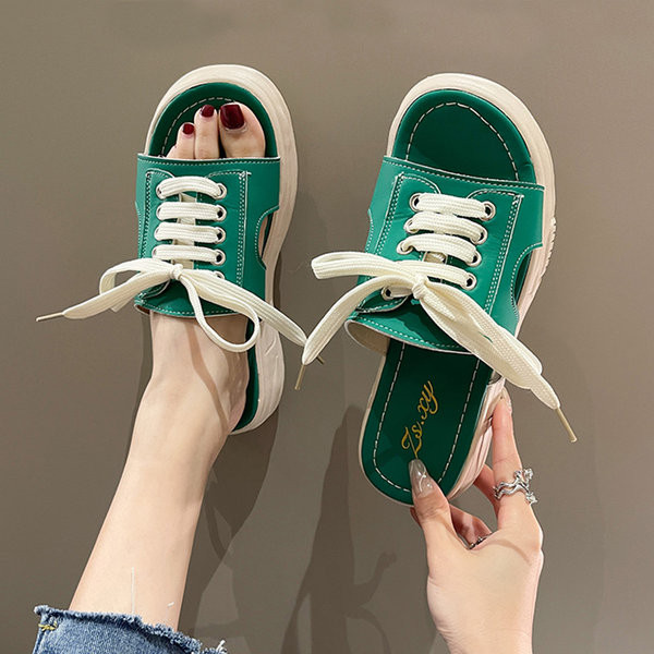 Ženske kožne papuče s vezicama i visokim potplatom 4 cm