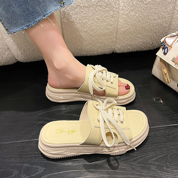 Ženske kožne papuče s vezicama i visokim potplatom 4 cm