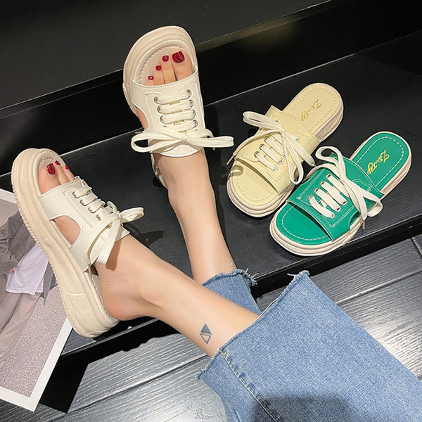 Ženske kožne papuče s vezicama i visokim potplatom 4 cm