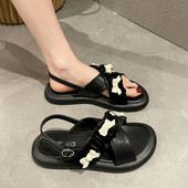 Дамски чехли с панделки с равна подметка