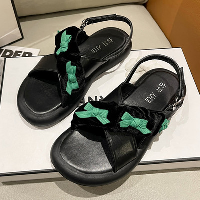 Дамски чехли с панделки с равна подметка