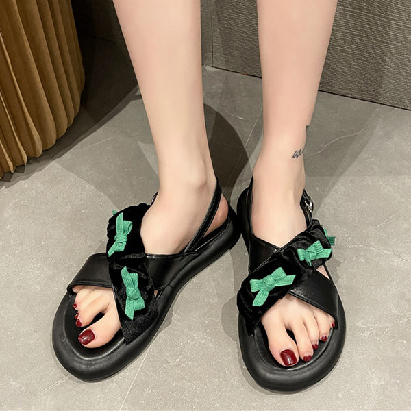 Дамски чехли с панделки с равна подметка 