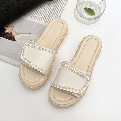 Дамски чехли на платформа - от еко кожа с перли