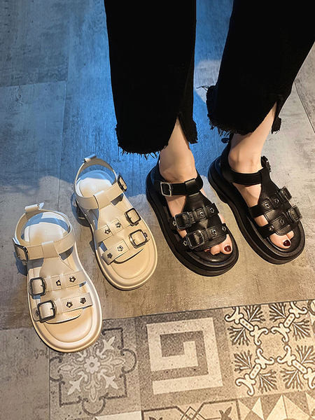 Ženske kožne sandale s kopčama i ravnim potplatom