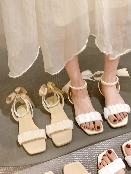 Sandale plate dama cu perle si panglica