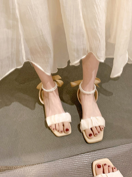 Sandale plate dama cu perle si panglica