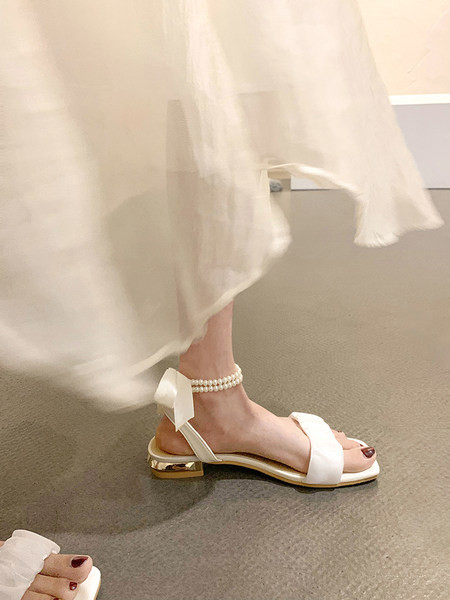 Sandale plate dama cu perle si panglica