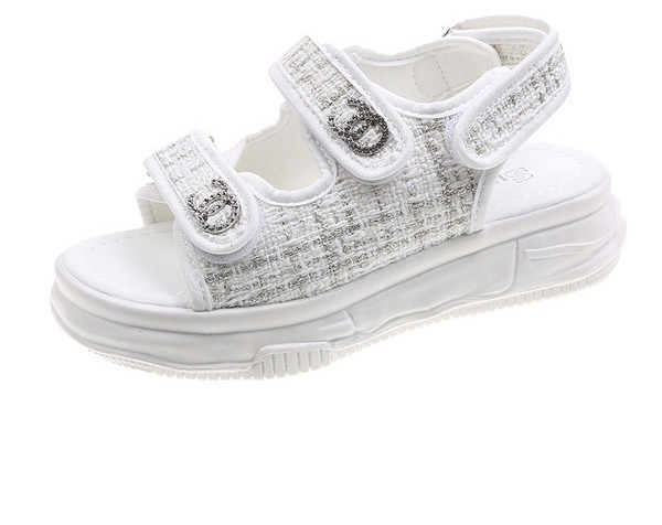 Ženske tekstilne sandale s čičak kopčanjem i ukrasnim kamenčićima