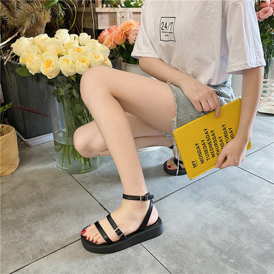 Sandale casual dama din imitatie de piele cu catarama metalica si platforma inalta de 3 cm