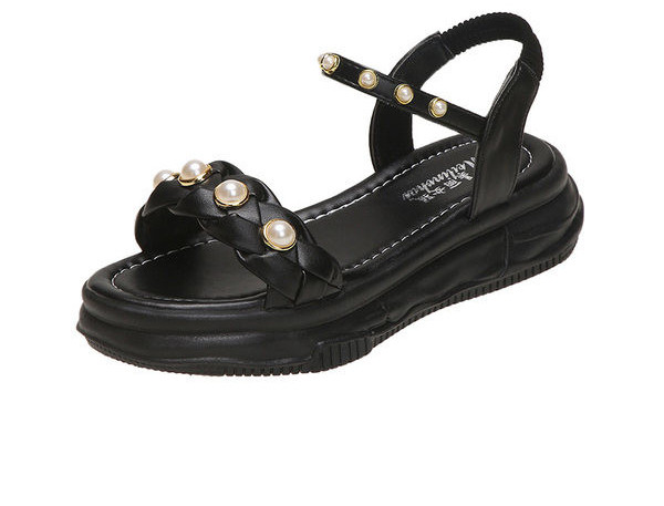 Moteriškos basutės plokščiu padu ir perlų apdaila - padas 4,5 cm