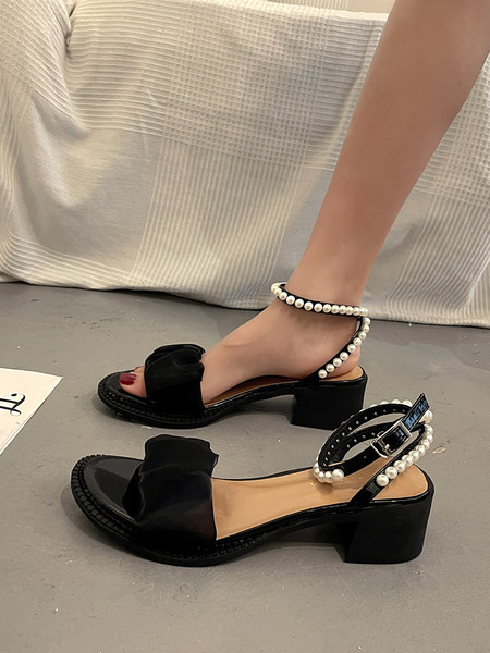 Naiste sandaalid kõrge kandilise kontsaga 5 cm ja pärlkaunistusega