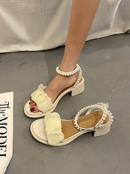 Naiste sandaalid kõrge kandilise kontsaga 5 cm ja pärlkaunistusega
