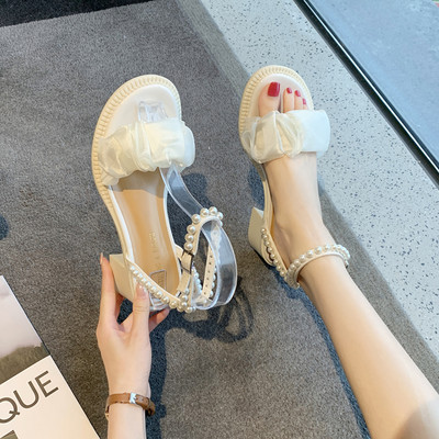 Ženske sandale na visoku petu 5 cm i biserni ukras