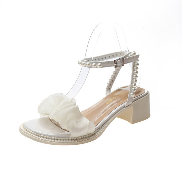 Ženske sandale na visoku petu 5 cm i biserni ukras