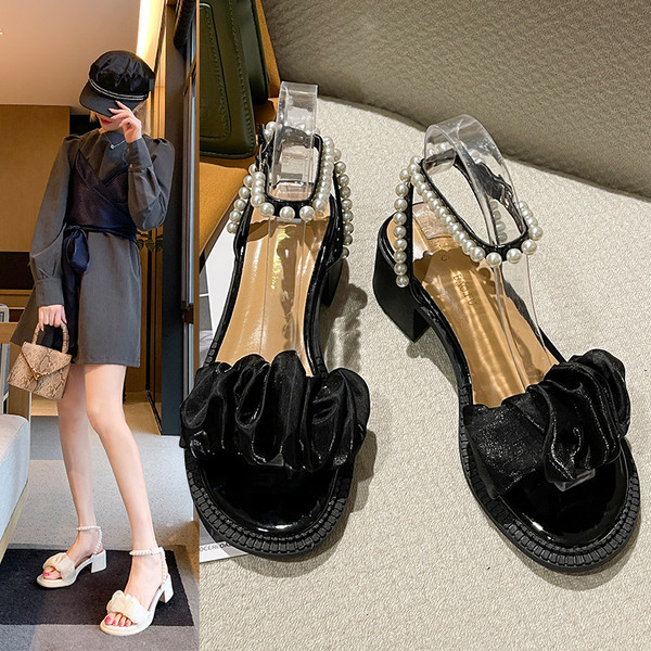 Ženske sandale na visoku petu 5 cm i biserni ukras