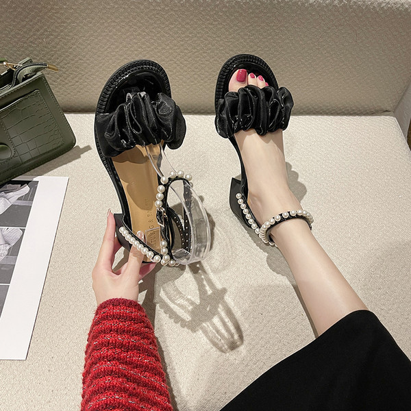 Ženske sandale na visoku petu 5 cm i biserni ukras